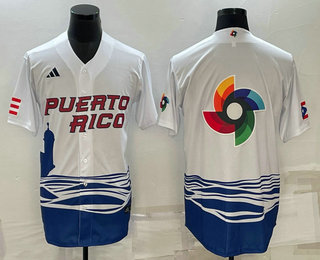 Men%27s Puerto Rico Baseball Big Logo White 2023 World Baseball Classic Stitched Jersey